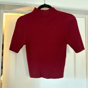 Ribbed Burgundy Red Short Sleeve Mock Neck Sweater
